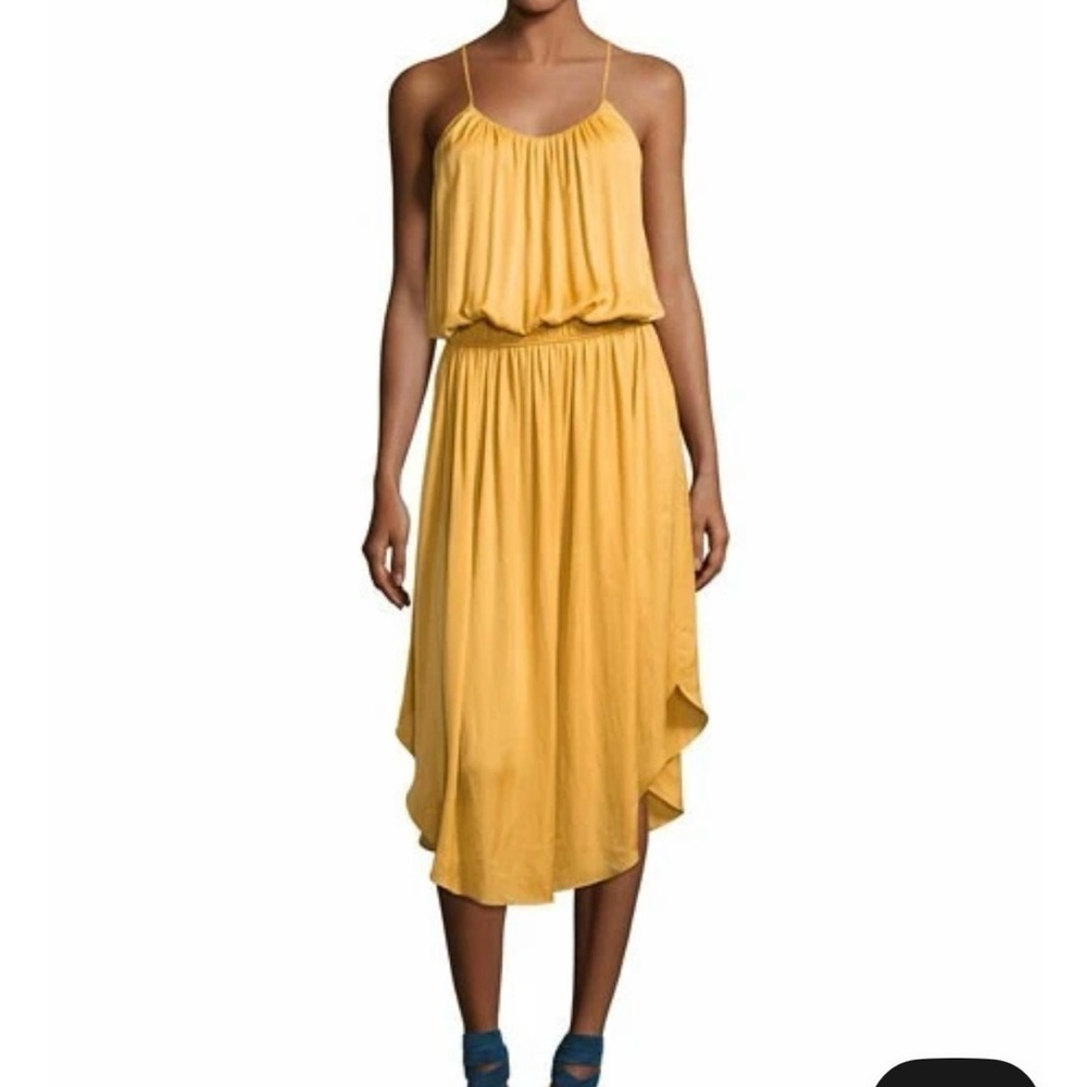Halston Gold Shirred Satin Midi Dress Size L